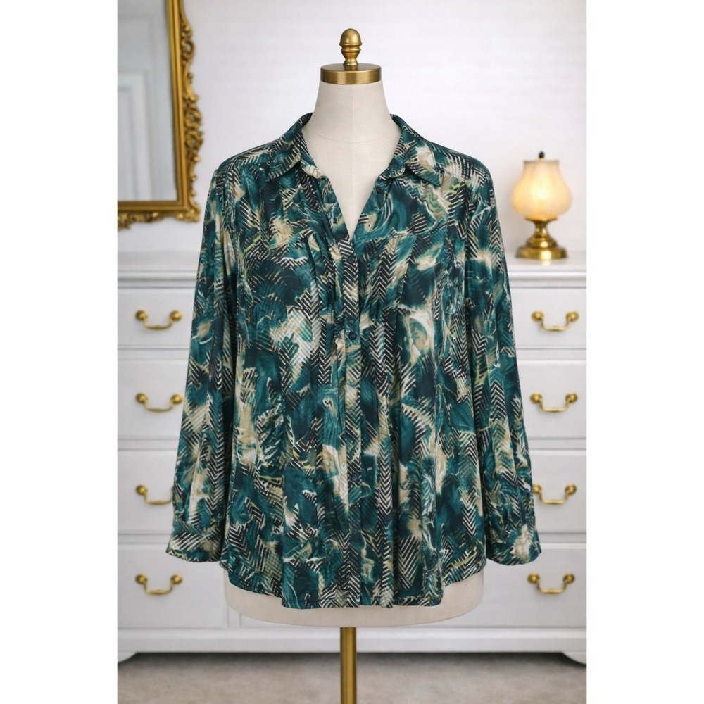 Catherines Womens Button Up Top Size 4X Green Multi Long Sleeve Collar Career